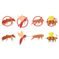 Insect pests vector. Mosquito, cockroach, ant, hornet, gnat and pest. illustration and clipart. Prohibition sign.