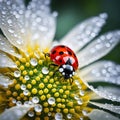 Insect red ladybug sits on a yellow flower covered with drops of dew Royalty Free Stock Photo