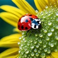 Insect red ladybug sits on a yellow flower covered with drops of dew, macro Royalty Free Stock Photo