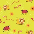 Insect seamless pattern, snail ladybug leaves