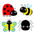 Insect set. Ladybug ladybird, bee bumblebee, butterfly, spider, lady bug. Cute cartoon kawaii baby animal character. Flat design. Royalty Free Stock Photo