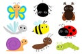 Insect set. Ladybug ladybird, beetle, dragonfly, green caterpillar, ant, butterfly, spider, honey bee, snail. Cute cartoon kawaii Royalty Free Stock Photo