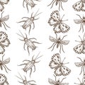 Insects that fly and creep monochrome sepia sketches seamless pattern.