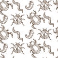 Insects that fly and creep monochrome sepia sketches seamless pattern.