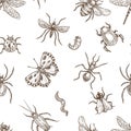 Insects that fly and creep monochrome sepia sketches seamless pattern.