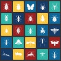 Insects icons set on color squares background for graphic and web design, Modern simple vector sign. Internet concept. Trendy Royalty Free Stock Photo