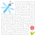 Insects maze game for kids. Cute dragonfly looking for a way to the flower. Printable worksheet with solution for school