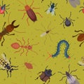 Insects pattern. Ants flea roaches harmful bugs illustrations for textile design project exact vector seamless