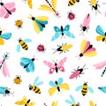 Insects seamless pattern. Colorful hand-drawn butterflies, dragonfly and beetles in a simple childish cartoon style