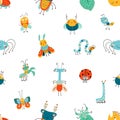 Insects seamless pattern. Hand drawn insect fabric print. Childish doodle nature characters, cute bug and butterfly Royalty Free Stock Photo