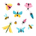 Insects set. Colorful hand-drawn butterflies, dragonfly and beetles in a simple childish cartoon style. Isolated over Royalty Free Stock Photo