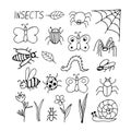 Insects set hand drawn elements in doodle style. scandinavian butterfly, caterpillar, beetle, spider, bee, wasp, flower, grass,