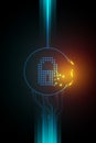 Insecure cyber security system illustration, broken lock symbol and light circuit on dark background.