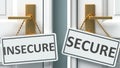 Insecure or secure as a choice in life - pictured as words Insecure, secure on doors to show that Insecure and secure are