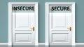 Insecure and secure as a choice - pictured as words Insecure, secure on doors to show that Insecure and secure are opposite