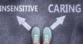 Insensitive and caring as different choices in life - pictured as words Insensitive, caring on a road to symbolize making decision Royalty Free Stock Photo