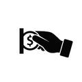 Insert coin icon, pay money flat silhouette. Hand hold coin. Vector Royalty Free Stock Photo