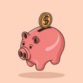 Insert coin into piggy Bank. Cute Pink Pig Bank Object concept Cartoon Icon Vector