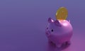 Inserting a coin into a piggy bank.3d render, illustration