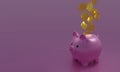 Inserting a coin into a piggy bank.3d render, illustration