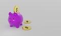 Inserting a coin into a piggy bank.3d render, illustration