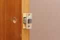 Inserting door latch in end hole close-up. Fitting door lock in panel. Markup for doorknob installing Royalty Free Stock Photo