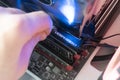 the inserting plug in the ram ddr memory card in the computer mainboard, random access memory Royalty Free Stock Photo
