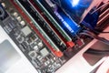 the inserting plug in the ram ddr memory card in the computer mainboard, random access memory Royalty Free Stock Photo