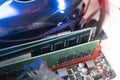the inserting plug in the ram ddr memory card in the computer mainboard, random access memory Royalty Free Stock Photo