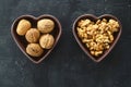 Inshell walnuts in a heart-shaped plate. Heart Nuts, Heart Health Products, Structured Walnuts Healthy food protein Royalty Free Stock Photo