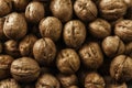 Inshell walnuts, low key close-up. Walnut shell backdrop background. Healthy Protein Vegetable Food Royalty Free Stock Photo