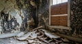 Interior of Abandoned Room with Peeling Paint and Boarded Window Emphasizing Decay and Neglect in Dark Atmosphere Royalty Free Stock Photo