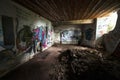 Inside an abandoned WWII concrete casemate with graffiti on the French Atlantic coast