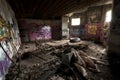 Inside an abandoned WWII concrete casemate with graffiti and the skeleton of a metallic bed on the French Atlantic coast