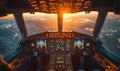 Inside of airplane pilot cabin and sunset view during the landing Royalty Free Stock Photo