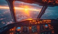 Inside of airplane pilot cabin and sunset view during the landing Royalty Free Stock Photo
