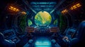 The inside of an alien spaceship with view of the jungle. Generative AI