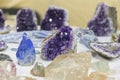 Inside of amathyst quartz geode. aquamarine natural quartz blue gem geological crystals texture background Royalty Free Stock Photo