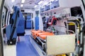 Inside an ambulance car with medical equipment for helping
