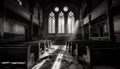 Inside the ancient chapel, the old pew faces the altar generated by AI