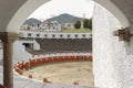 Inside arc view of guatavita`s town bullring at sunny morning. Architecture and landmark concept