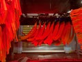 Inside automatic conveyorized tunnel car wash. View from inside car, red rotating drying brushes.