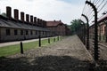 Inside the barbed wire fence at the Nazi Concentration Camp Auschwitz Royalty Free Stock Photo