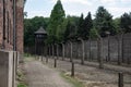 Inside the barbed wire fence at the Nazi Concentration Camp Auschwitz Royalty Free Stock Photo