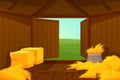 Inside barn house. Cartoon farm wooden, hay or straw inside. Door open into meadow, shed for instruments and agriculture
