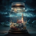 Inside a beautiful large crystal jar, a stunning lighthouse captivates with its charm. Ai Generated Royalty Free Stock Photo