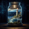 Inside a beautiful large crystal jar, a stunning lighthouse captivates with its charm. Ai Generated Royalty Free Stock Photo