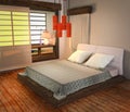 Inside the bedroom - Japanese style, wooden floor on white wall background. 3D rendering Royalty Free Stock Photo