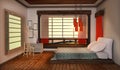 Inside the bedroom - Japanese style, wooden floor on white wall background. 3D rendering Royalty Free Stock Photo