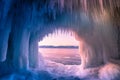Inside the blue ice cave with couple love at Lake Baikal, Siberia, Eastern Russia Royalty Free Stock Photo
